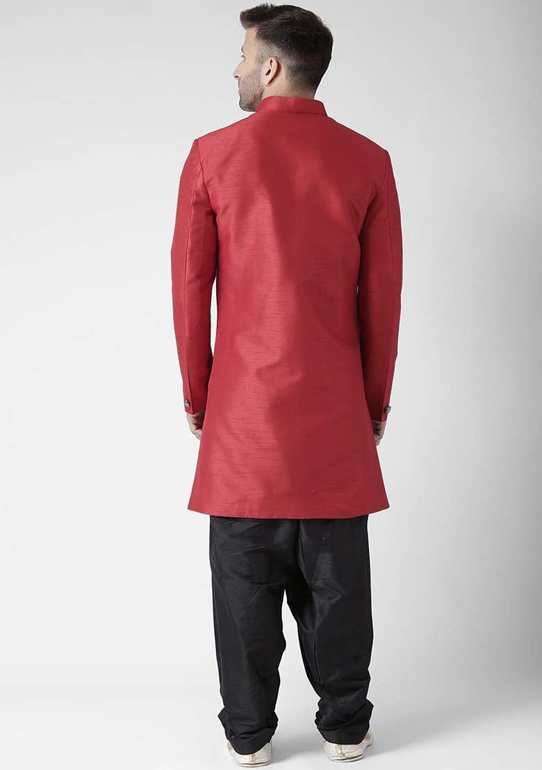 Black Embroidered Silk Blend Kurta Set For Men - Indya