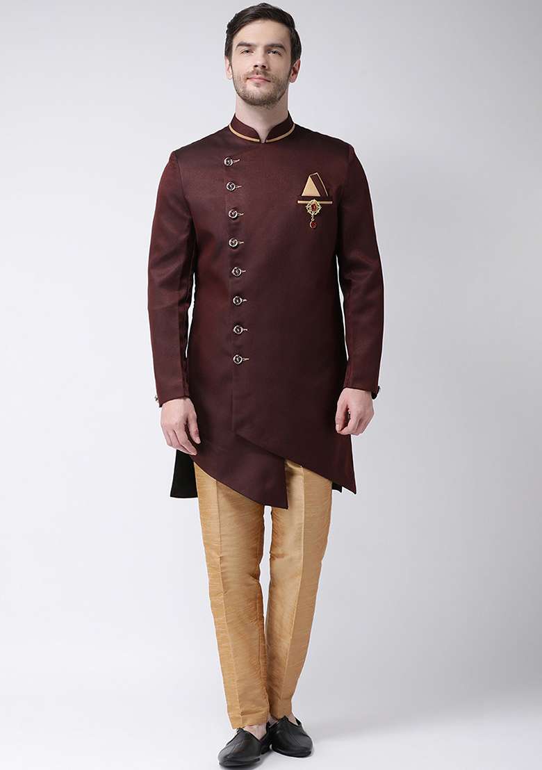 Gold Solid Cotton Kurta Set For Men - Indya