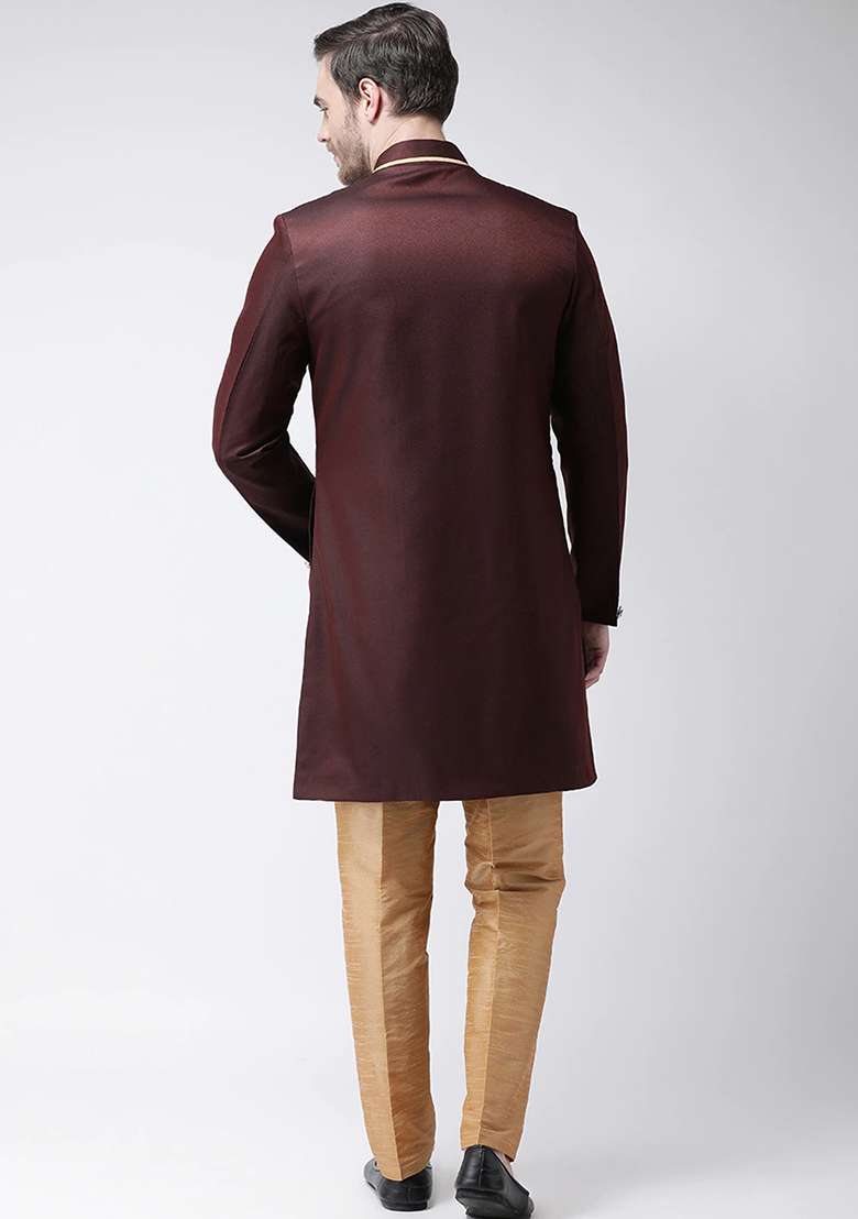 Gold Solid Cotton Kurta Set For Men - Indya