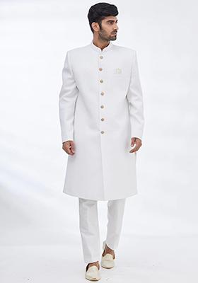 White Solid Cotton Kurta Set For Men