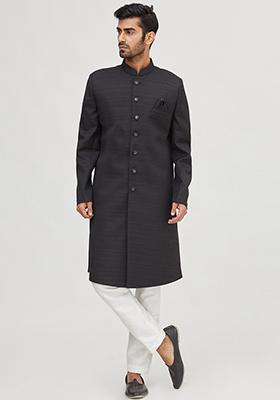 Black Solid Silk Kurta Set For Men