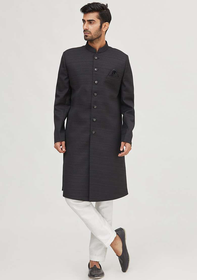 Black Solid Silk Blend Kurta Set For Men - Indya