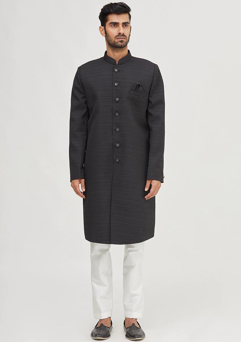 Black Solid Silk Kurta Set For Men