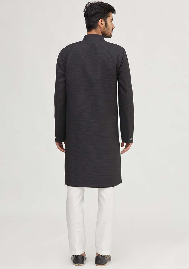 Black Solid Silk Blend Kurta Set For Men - Indya