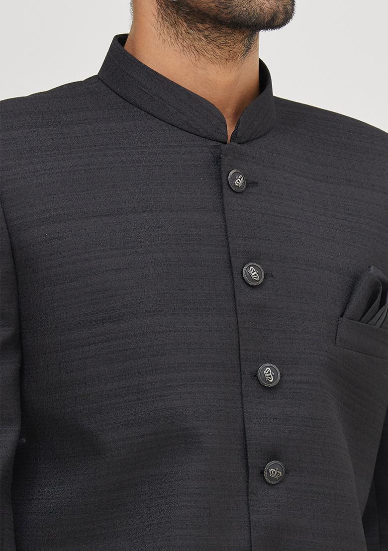 Black Solid Silk Kurta Set For Men