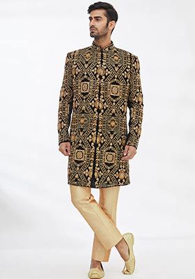 Black Solid Silk Sherwani for Men