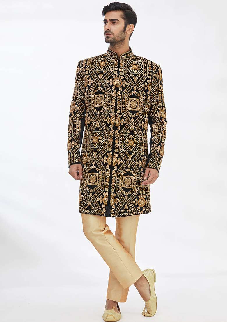 Black Solid Silk Blend Sherwani for Men - Indya