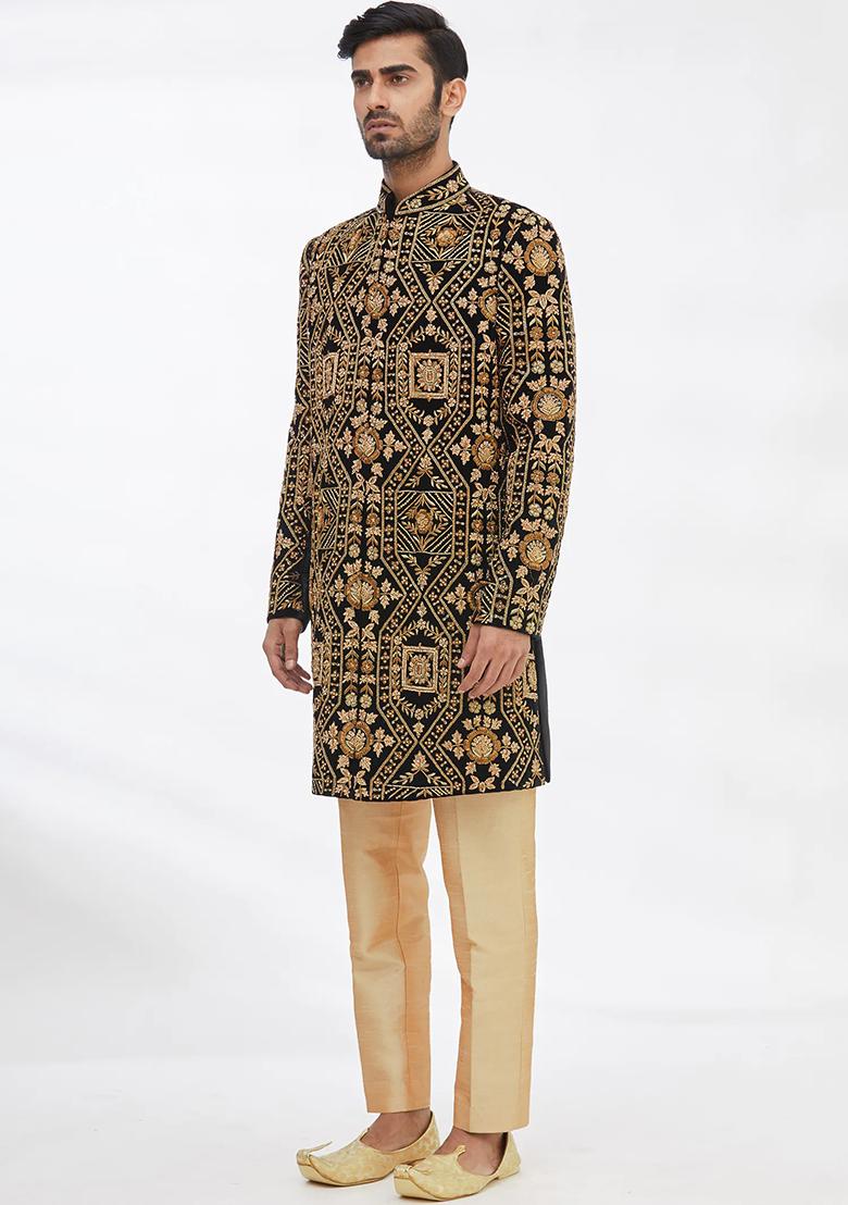 Black Solid Silk Sherwani for Men