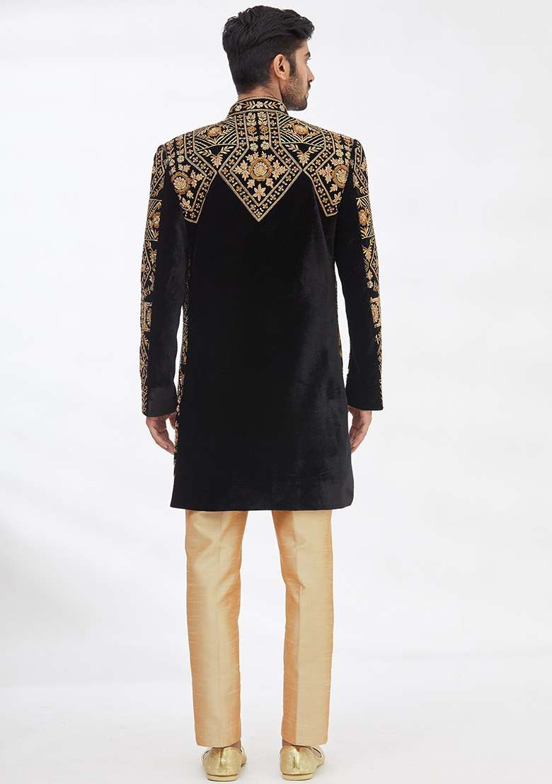 Black Solid Silk Blend Sherwani for Men - Indya
