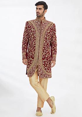 Maroon Solid Silk Sherwani for Men