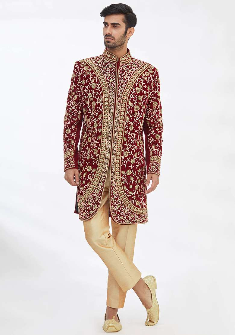 Maroon Solid Silk Blend Sherwani for Men - Indya