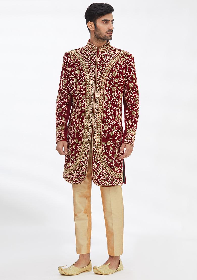 Maroon Solid Silk Sherwani for Men