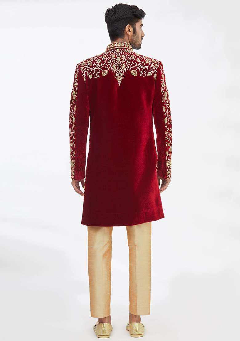 Maroon Solid Silk Blend Sherwani for Men - Indya