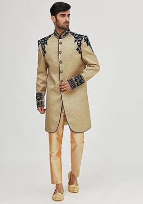 Gold Solid Silk Sherwani for Men