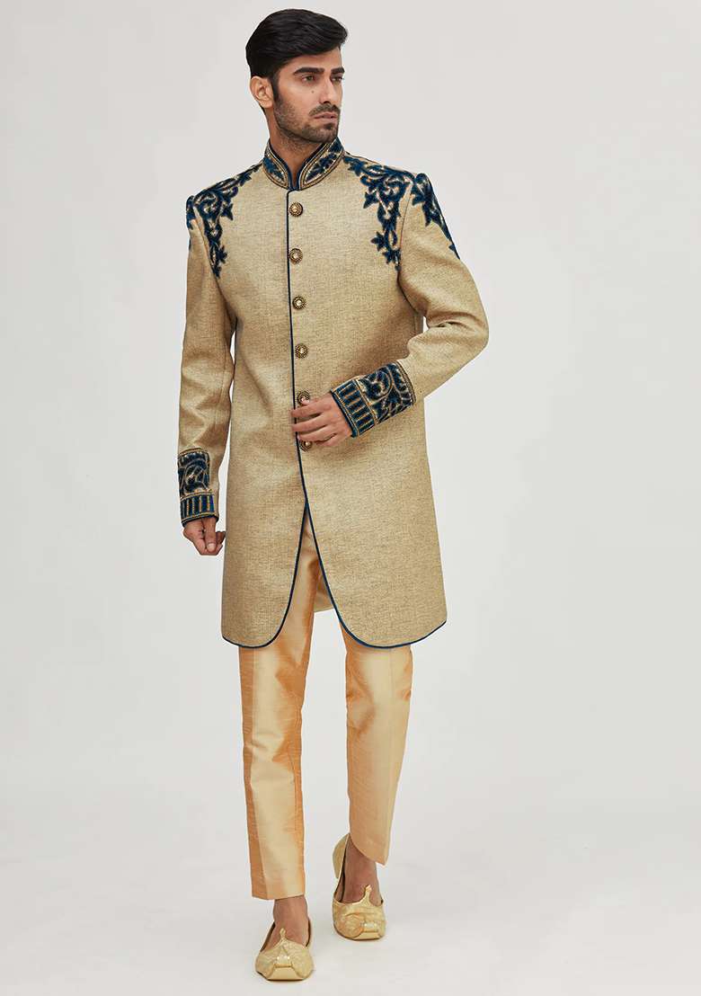 Gold Solid Silk Blend Sherwani for Men - Indya