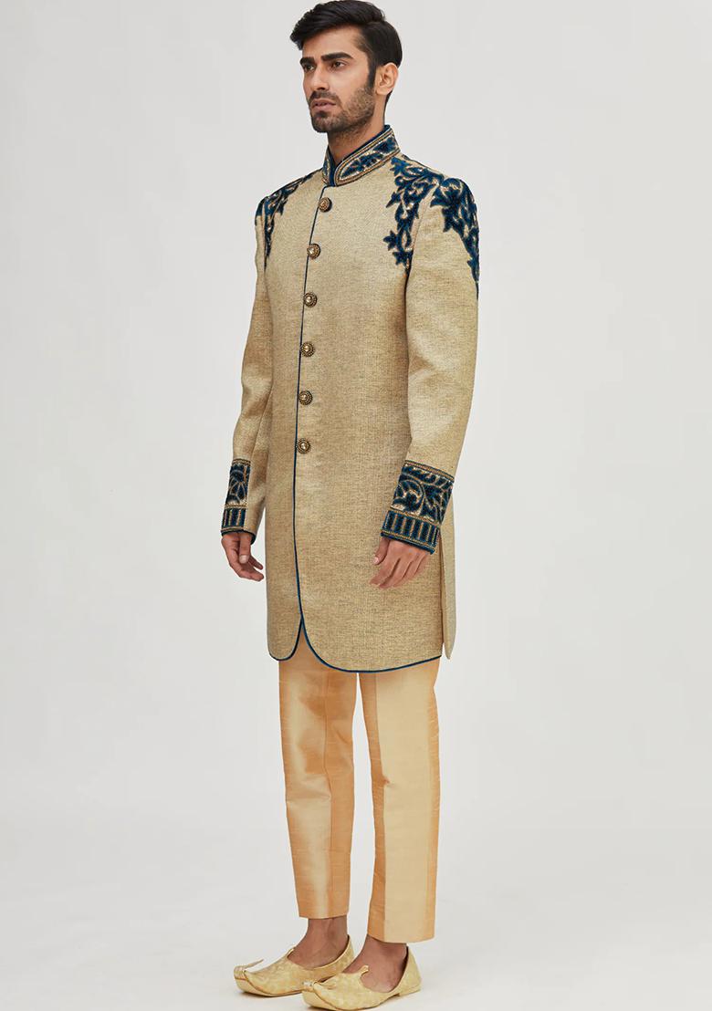 Gold Solid Silk Sherwani for Men