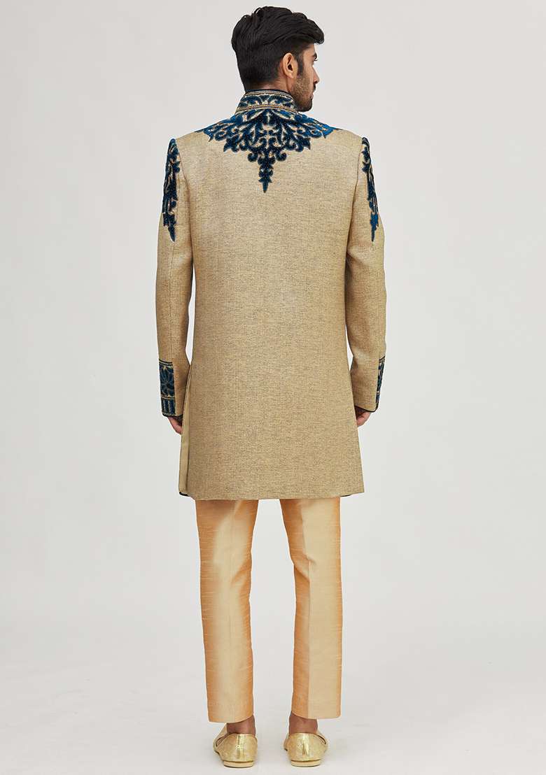 Gold Solid Silk Blend Sherwani for Men - Indya