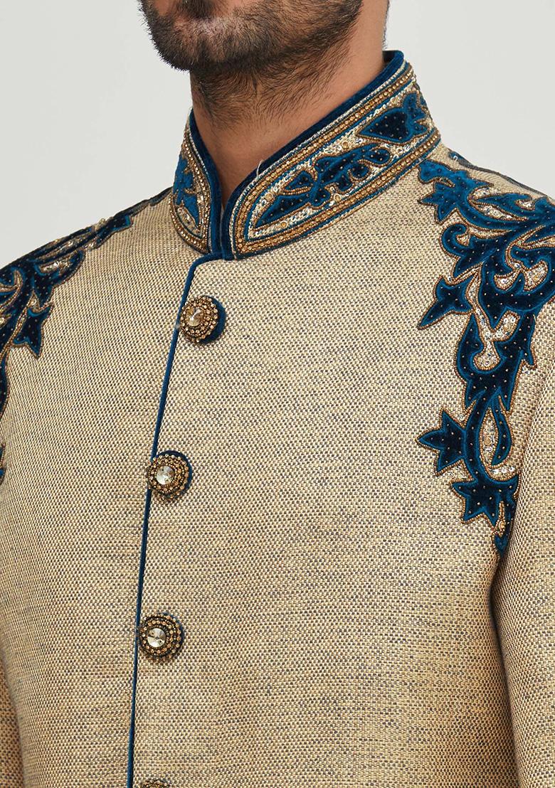 Gold Solid Silk Sherwani for Men