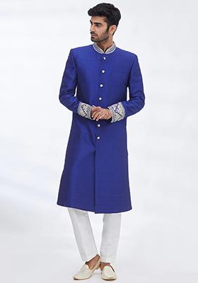 Blue Embroidered Silk Sherwani for Men