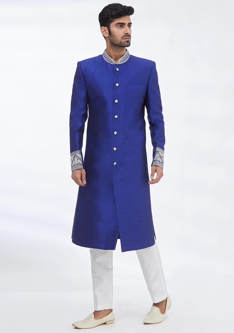 Blue Embroidered Silk Sherwani for Men