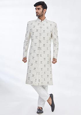 Cream Embroidered Silk Sherwani for Men