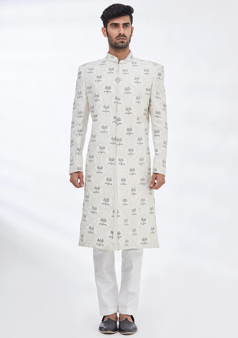 Cream Embroidered Silk Sherwani for Men