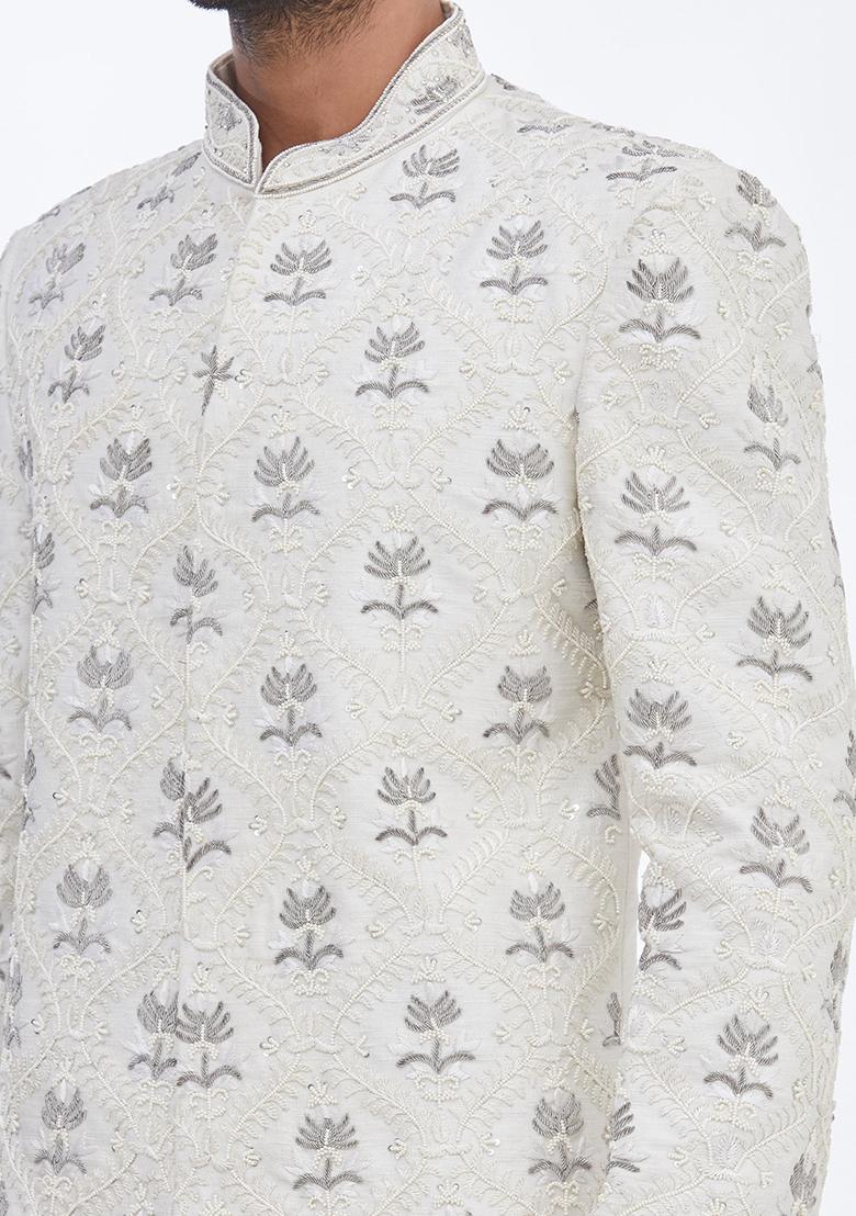 Cream Embroidered Silk Sherwani for Men