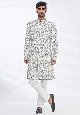 Cream Embroidered Silk Sherwani for Men