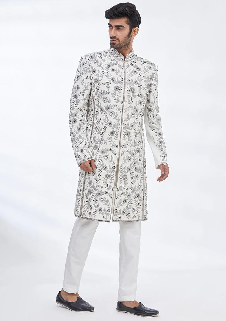 Cream Embroidered Silk Sherwani for Men