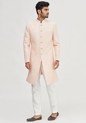 Peach Embroidered Silk Kurta Set For Men