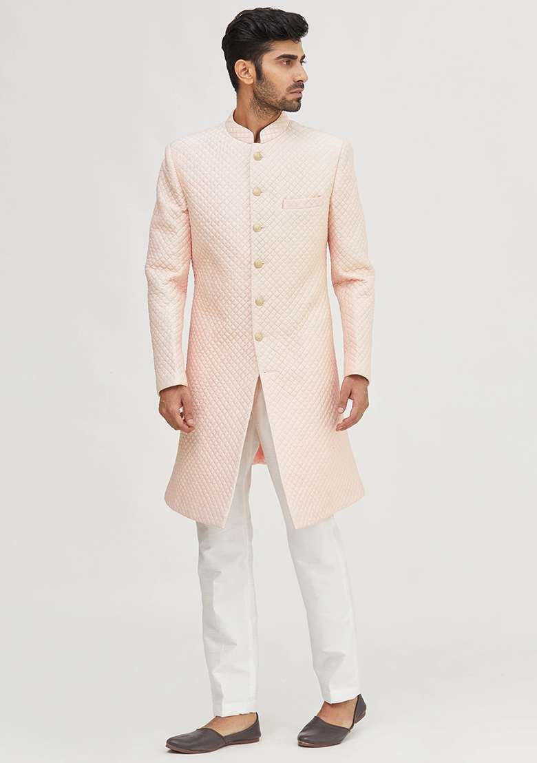 Peach Embroidered Silk Blend Kurta Set For Men - Indya