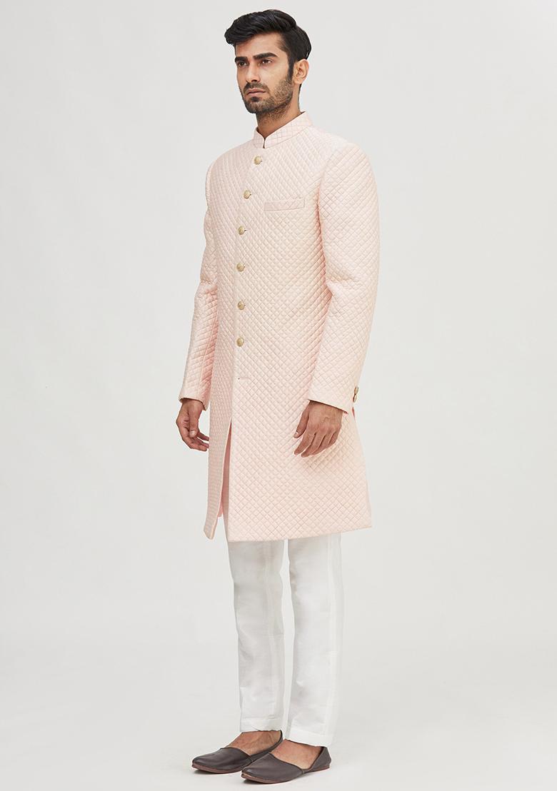 Peach Embroidered Silk Kurta Set For Men