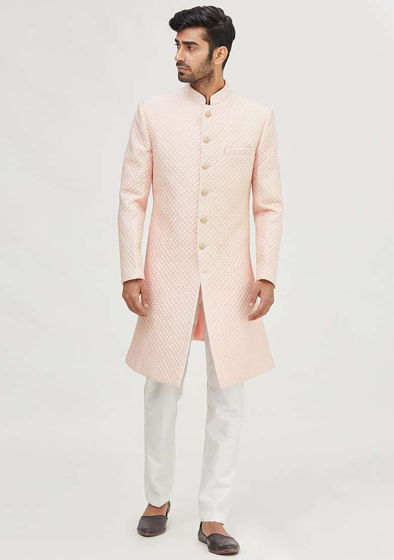 Peach Embroidered Silk Blend Kurta Set For Men - Indya