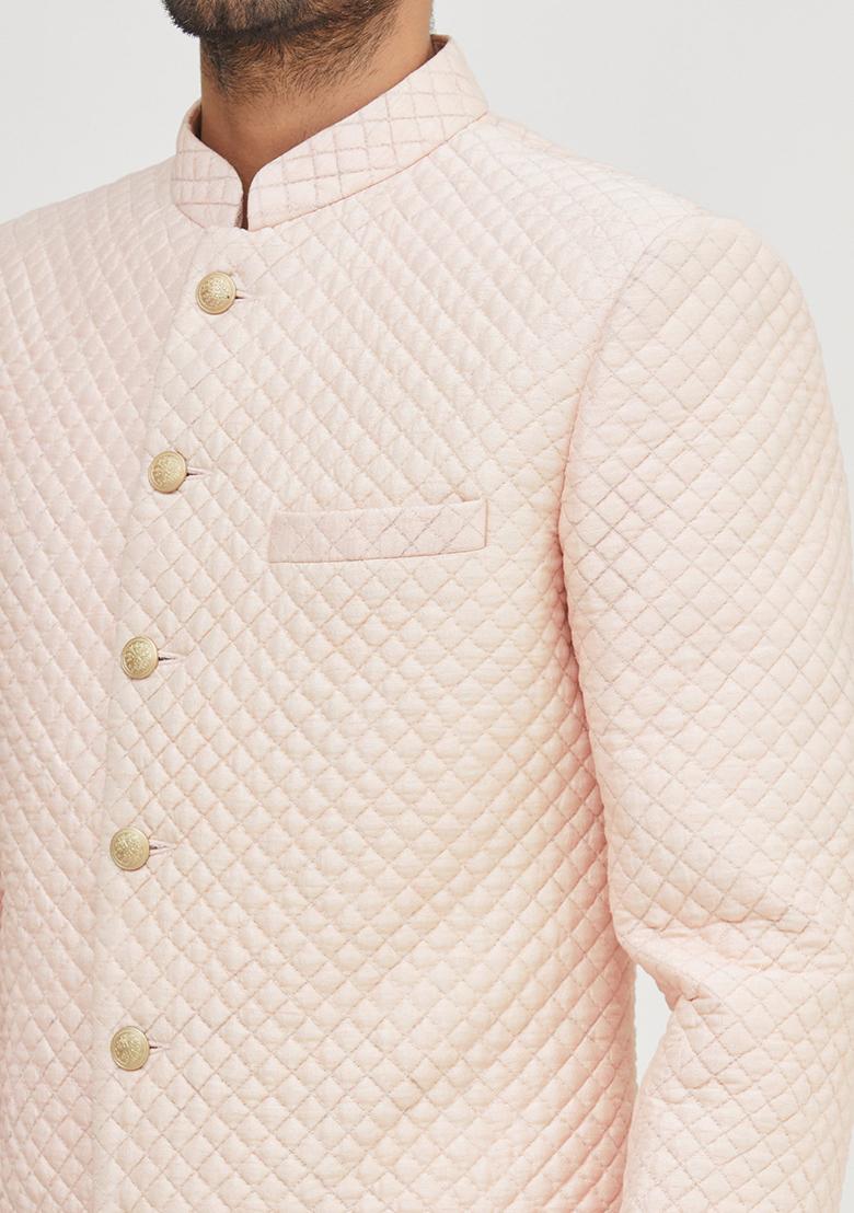 Peach Embroidered Silk Kurta Set For Men