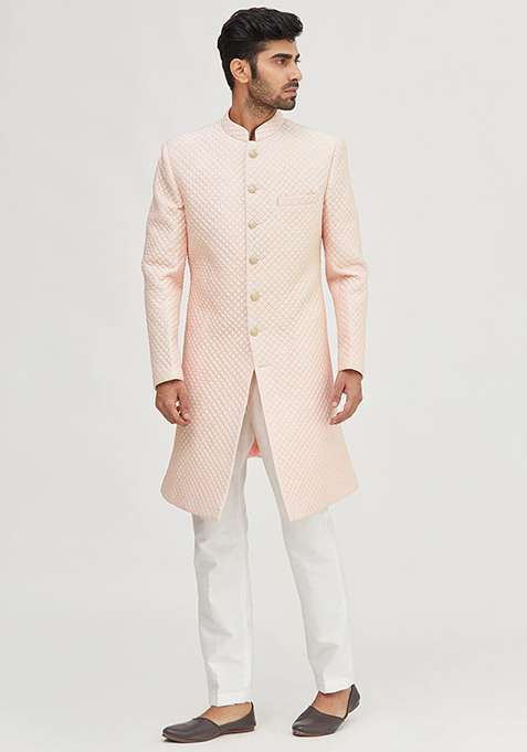 Peach Embroidered Silk Blend Kurta Set For Men