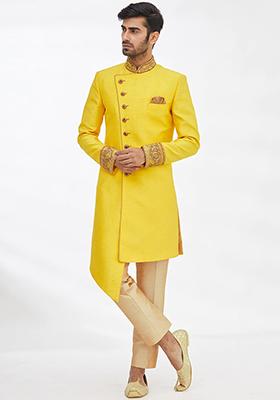 Yellow Solid Silk Kurta Set For Men