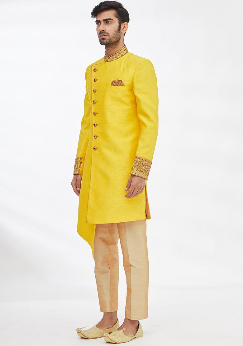 Yellow Solid Silk Kurta Set For Men