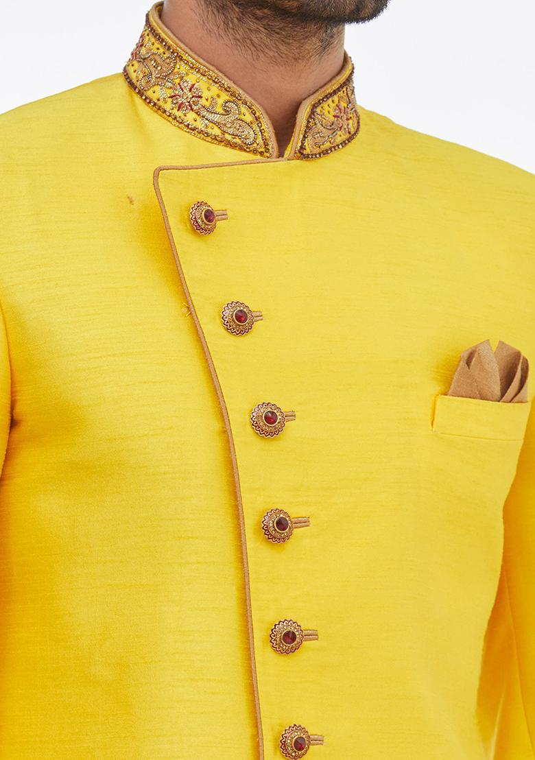 Yellow Solid Silk Kurta Set For Men