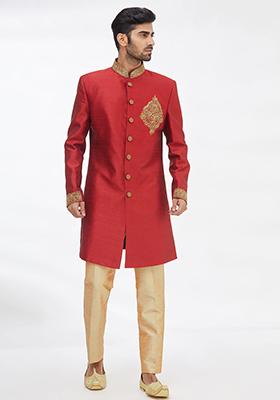 Maroon Solid Silk Kurta Set For Men