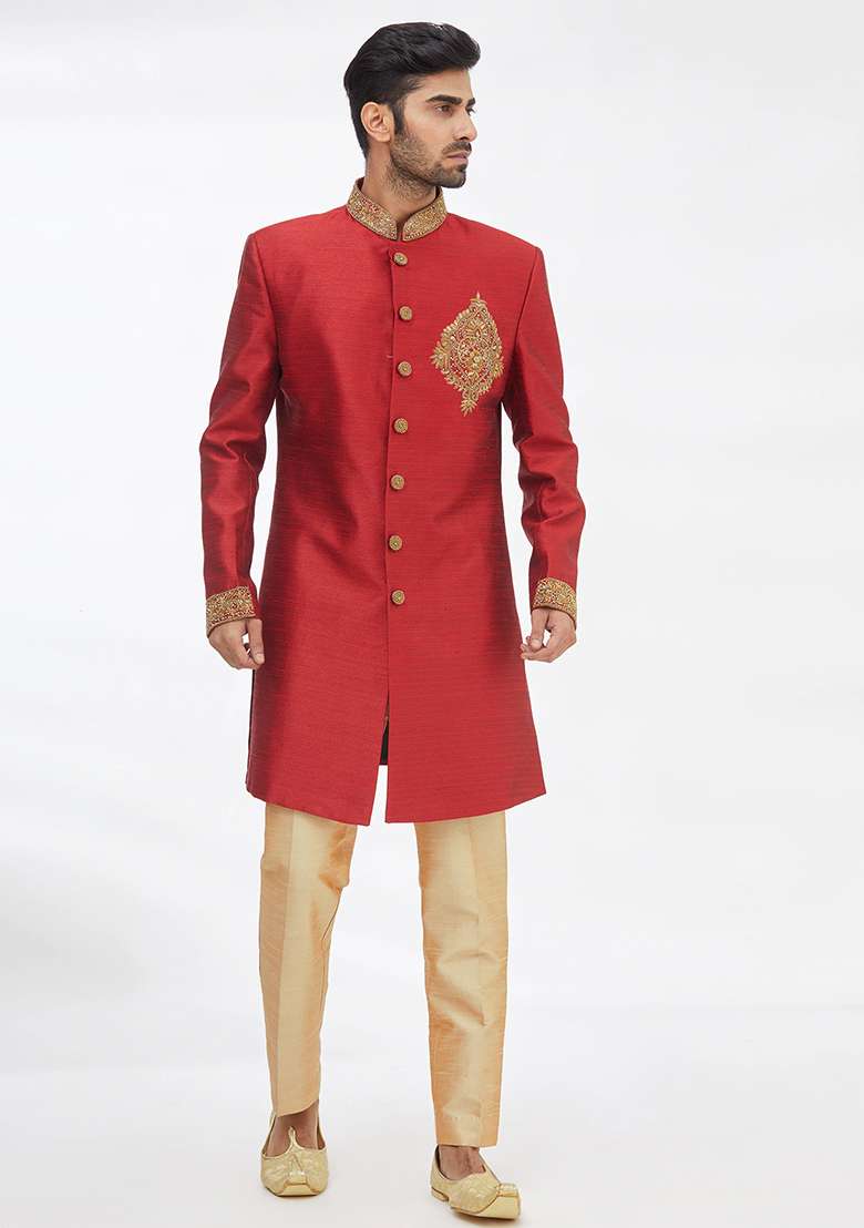 Maroon Solid Silk Blend Kurta Set For Men - Indya