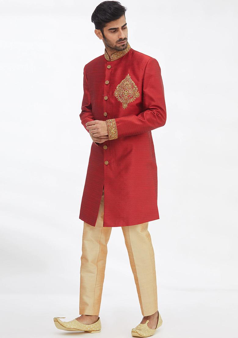 Maroon Solid Silk Kurta Set For Men