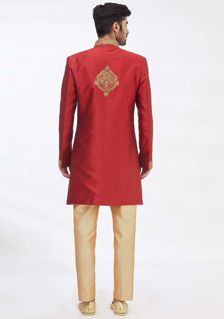 Maroon Solid Silk Blend Kurta Set For Men - Indya