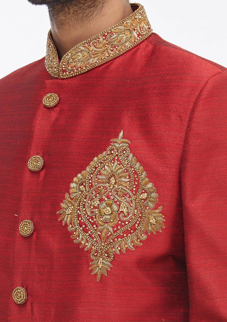 Maroon Solid Silk Kurta Set For Men