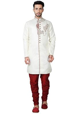 Cream Embroidered Silk Kurta Set For Men
