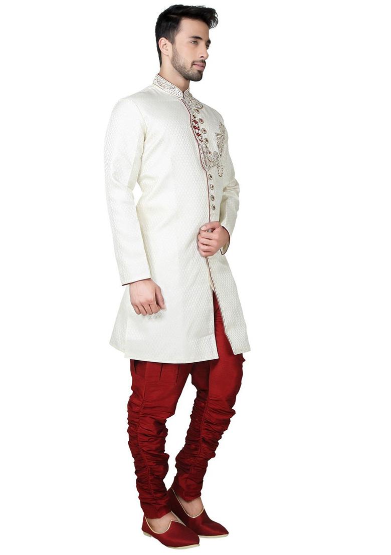 Cream Embroidered Silk Kurta Set For Men
