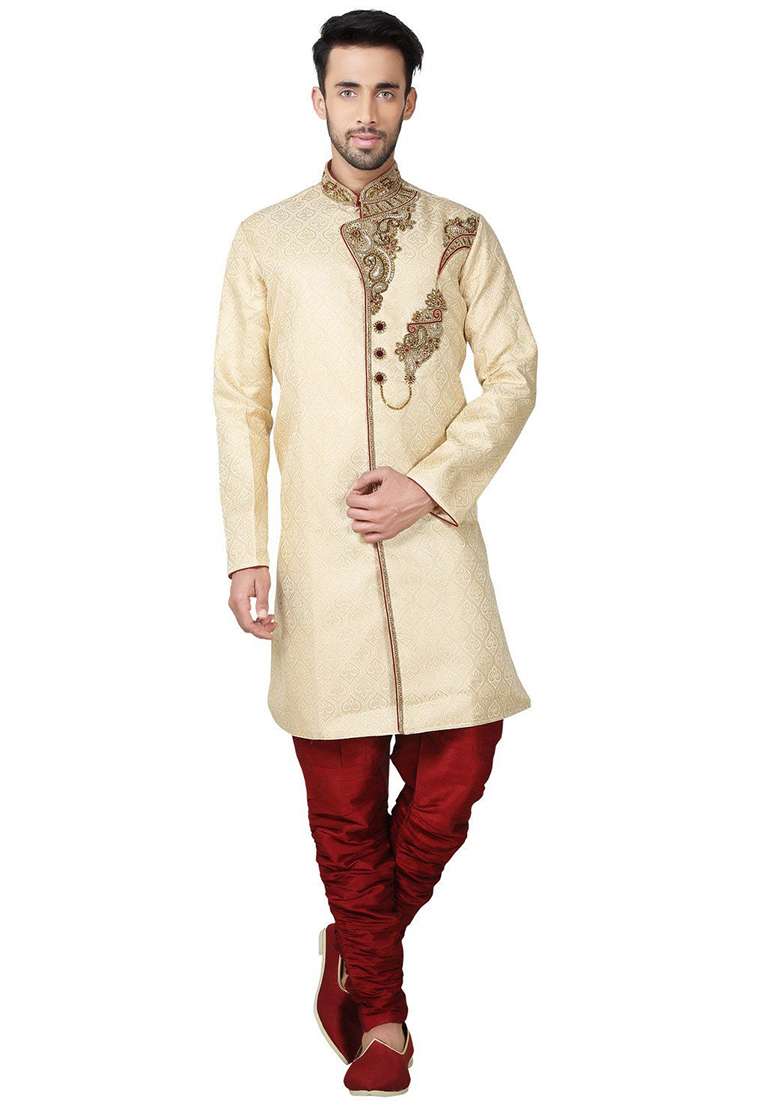 Gold Embroidered Silk Blend Kurta Set For Men - Indya