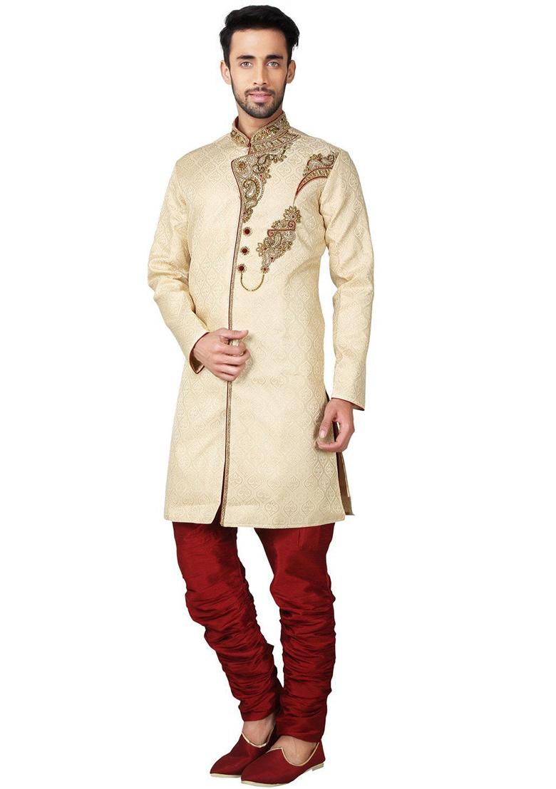 Gold Embroidered Silk Kurta Set For Men