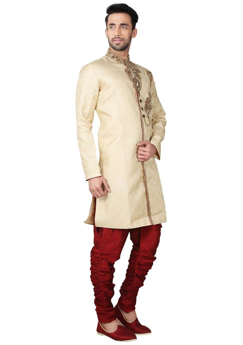 Gold Embroidered Silk Blend Kurta Set For Men - Indya