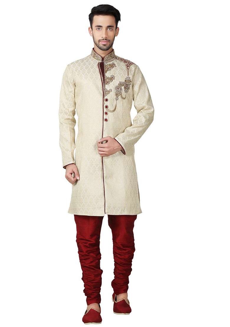 Fawn Yellow Embroidered Silk Blend Kurta Set For Men - Indya