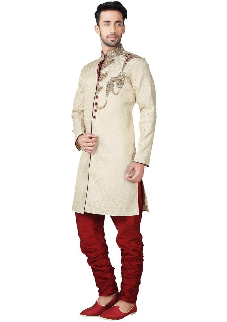 Fawn Yellow Embroidered Silk Kurta Set For Men